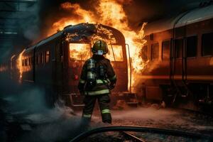 ai generado bombero en acción en contra el antecedentes de un ardiente tren a noche, un bombero utilizando agua y un extintor a lucha con fuego llamas en un accidente coche en el borde del camino la carretera foto