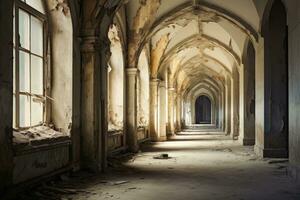 AI generated Interior of an old abandoned building with arches and a corridor, An old empty corridor, Vintage abandoned building with a window, AI Generated photo