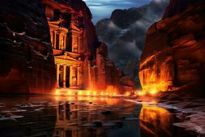 AI generated The ancient city of Petra in Jordan. Petra is one of the New Seven Wonders of the World, Al Khazneh in Petra, Jordan, at night, AI Generated photo