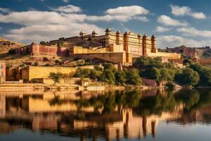 ai generado el ámbar fuerte en jaipur, rajastán, India, ámbar fuerte y maota lago, jaipur, rajastán, India, ai generado foto