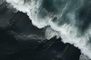 ai generado aéreo ver de Oceano olas rotura en negro arena playa en Islandia, aéreo ver de olas en el negro arena playa, ai generado foto