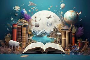 AI generated Magic book in fantasy world with planets, stars and other objects on blue background, Back to school concept, Open notebook with school supplies, AI Generated photo