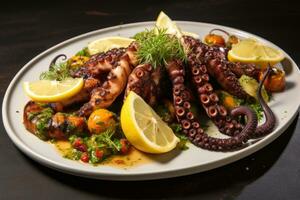 AI generated Grilled octopus with lemon and parsley on a white plate, Appetizing dish with grilled octopus and lemon, AI Generated photo