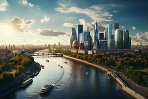 ai generado ciudad paisaje con rascacielos en el banco de el Moscú río, aéreo ver de Moscú ciudad con el Moscú río, Rusia, ai generado foto