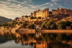 AI generated View of Amber Fort in Jaipur, Rajasthan, India, Amber Fort and Maota Lake, Jaipur, Rajasthan, India, AI Generated photo