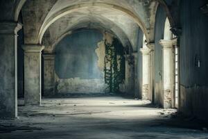 ai generado interior de un antiguo abandonado edificio con arcos y columnas, un antiguo vacío corredor, Clásico abandonado edificio con un ventana, ai generado foto