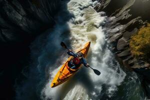 ai generado aéreo ver de un hombre kayak en el medio de el río, aéreo parte superior ver de extremo deporte kayac navegación abajo un montaña río con luz de sol, ai generado foto