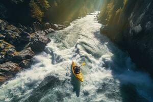 ai generado aéreo ver de un mujer kayak en el medio de un montaña río, aéreo parte superior ver de extremo deporte kayac navegación abajo un montaña río con luz de sol, ai generado foto