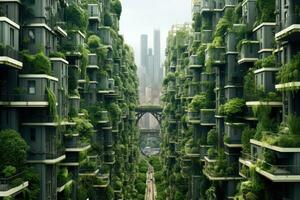 ai generado aéreo ver de un verde ciudad en el medio de el bosque, avanzado verde energía en urbano paisajes, ai generado foto