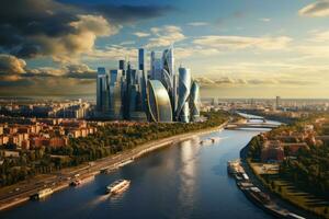 ai generado panorámico ver de el ciudad de Moscú y el Moscú río, aéreo ver de Moscú ciudad con el Moscú río, Rusia, ai generado foto