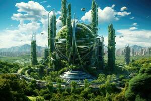 ai generado 3d representación de un futurista ciudad con verde arboles en el primer plano, avanzado verde energía en urbano paisajes, ai generado foto