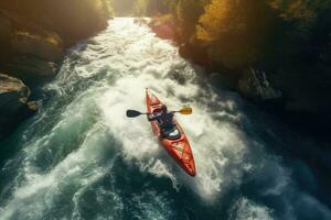 ai generado aéreo ver de un kayac en el medio de un montaña río, aéreo parte superior ver de extremo deporte kayac navegación abajo un montaña río con luz de sol, ai generado foto