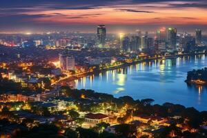 ai generado aéreo ver de Hanoi ciudad a noche, Vietnam, aéreo horizonte ver de Hanoi, Hanoi paisaje urbano a crepúsculo, ai generado foto