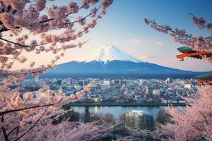 AI generated Mount Fuji and Cherry Blossom at Kawaguchiko lake in Japan, Aerial view of Tokyo cityscape with Mount Fuji in Japan, AI Generated photo