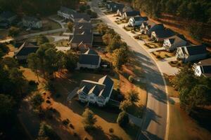 ai generado aéreo ver de suburbano barrio en afueras dallas, Texas, EE.UU, aéreo ver de un callejón sin salida a un barrio la carretera muerto final con construido casas en un sur carolina, ai generado foto