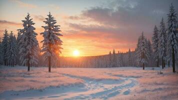 AI generated Winter landscape with snow-covered river and pine trees. watercolor painting. photo