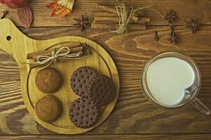 Chocolate chip cookies on a tray and milk in a mug. photo