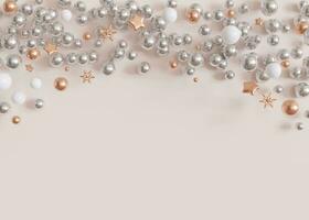 A Christmas background with space for text, displaying an array of silver, white, and gold baubles and stars, artfully arranged on a soft beige background for a festive composition. Copy space. 3D. photo