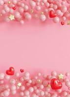 Playful and vibrant, this image features a cluster of glossy pink pearls and red hearts, with golden stars on a candy pink backdrop, ideal for Valentine's Day. Vertical background with copy space. 3D. photo