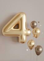 Golden number four and balloons on beige background. Symbol 4. Invitation for a fourth birthday party, business anniversary, or any event celebrating a fourth milestone. Warm colors. Vertical 3D. photo