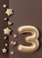 Golden number three, hearts and stars on brown background. Symbol 3. Invitation for a third birthday party, business anniversary, or any event celebrating a third milestone. Copy space. Vertical 3D. photo