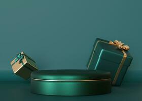 Glossy dark green podium with Christmas presents and copy space. Xmas mood. Elegant scene for product, cosmetic presentation. Luxury mock up. Pedestal, platform for beauty products. 3D render. photo