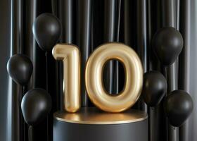 Golden number ten and floating helium balloons on black background. Symbol 10. Tenth birthday party, business anniversary. Festive event. Elegant, luxury numbers. 3D render. photo