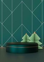 Minimalist Christmas display featuring two origami-style green paper trees atop sleek black round podium, set against dark teal geometric-patterned wall. Modern holiday scene. Stage for product. 3D. photo