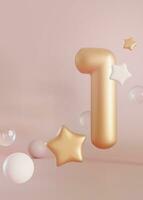 Golden number one and floating bubbles and stars on beige background. Symbol 1. Invitation for a first birthday party, business anniversary, or any event celebrating a first milestone. Vertical 3D. photo