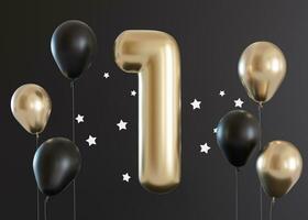 Golden number one and floating helium balloons on black background. Symbol 1. Invitation for a first birthday party, business anniversary, or any event celebrating a first milestone. 3D render. photo