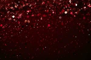 AI generated Beautiful dark red Christmas background with shining glitter and empty space. Particles, confetti. Copy space for your text. Merry Xmas, Happy New Year. Festive backdrop photo