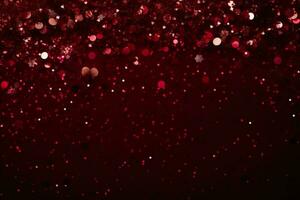 AI generated Beautiful dark red Christmas background with shining glitter and empty space. Particles, confetti. Copy space for your text. Merry Xmas, Happy New Year. Festive backdrop photo