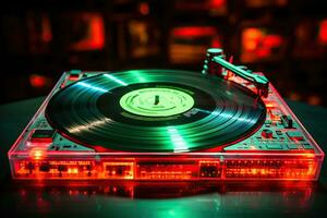 AI generated DJ console in the light of spotlights and neon lights. Music and nightlife photo