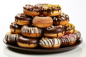 AI generated A stack of donuts with glaze and confectionery sprinkles on a white background. Generated by artificial intelligence photo