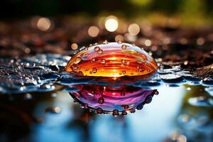 AI generated Side macro view of rainbow water drops in a puddle, abstract background photo