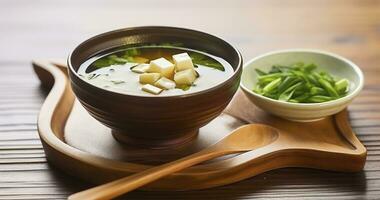 Wooden Whispers and Miso Magic. A Harmonious Blend of Traditional Soup and Rustic Table photo