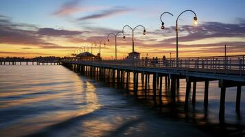 AI generated The Enchanting Beauty of a Beach Pier Bathed in Twilight's Glow photo