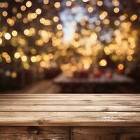AI generated AI Generated abstract blurry sparkling background with empty wood table for Christmas holiday stand. photo