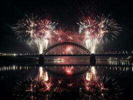 AI generated AI Generated new year celebration fireworks over bridge below urban city. photo