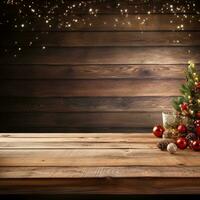 AI generated AI Generated abstract blurry sparkling background with empty wood table for Christmas holiday stand. photo