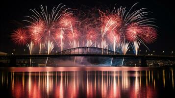 AI generated AI Generated new year celebration fireworks over bridge below urban city. photo