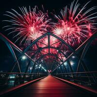 AI generated AI Generated new year celebration fireworks over bridge below urban city. photo