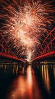 ai generado ai generado nuevo año celebracion fuegos artificiales terminado puente abajo urbano ciudad. foto