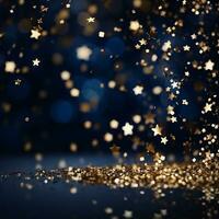 AI generated AI Generated abstract blurry sparkling background with golden star foil particles for Christmas holiday design concept. photo