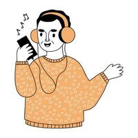 Man in headphones listens to music from his phone. Vector illustration in hand drawn doodle style. Podcast and hobby concept character .