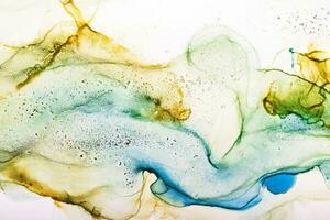 Watercolor alcohol ink swirls. Transparent waves in blue and yellow colors. Delicate pastel spots. Digital decor photo
