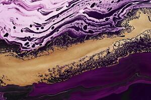 Fluid Art. Metallic gold abstraction and purple waves. Marble effect background or texture photo