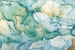 Watercolor alcohol ink swirls. Transparent waves in turquoise green colors. Delicate pastel spots. Digital decor photo