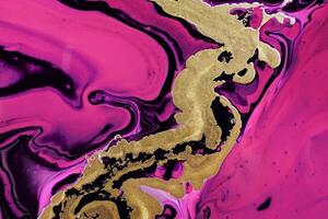Fluid Art. Golden metallic abstraction and pink wave. Marble effect background or texture photo