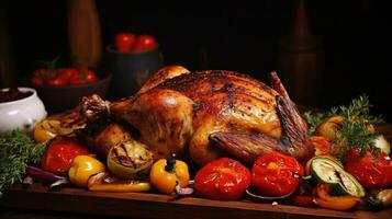 AI generated Delicious Roasted Chicken with Vegetables on the Wooden Table photo